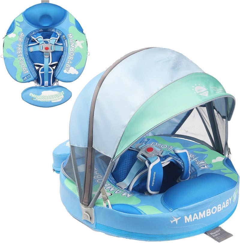 AnjeeIOT Mambobaby Float with Canopy Non Inflatable Baby Pool Float Upgraded Tail Toddler Baby Float with Removable Sun Canopy Safety Swim Float No Flip Over for Age 3-24 Months, Earth Blue - Image 1
